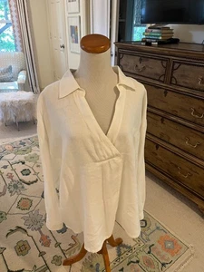 Sundance Catalog white tunic top v neck collar LS 100% linen XL - Picture 1 of 6