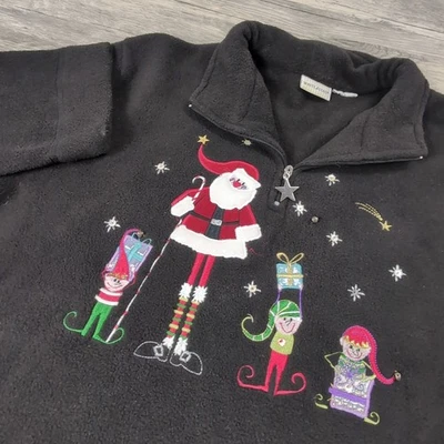 Lã feminino branco veado Natal bordado Papai Noel 1/4 zíper preto ultra tamanho XL - Imagem 1 de 4