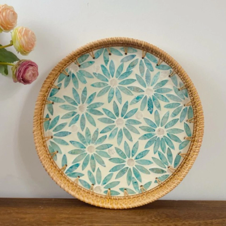 (Green Flower)Rattan Woven Serving Tray Round Decorative Natural Rattan Shell - Image 1 of 1