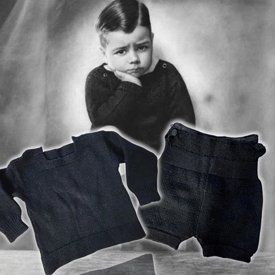 Vintage 1940s–50s Hand Knit Baby Toddler Outfit – Black Chunky Wool Knit Sweater - Image 1 of 4