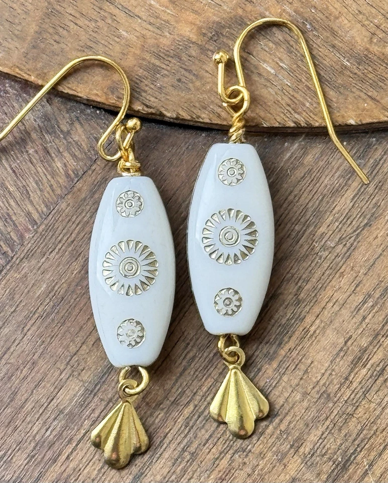 Vintage Etched Creamy White and Gold Bead Earrings. - Image 1 of 1