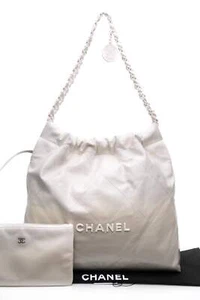 CHANEL 22 White Light Grey Calfskin Quilted Hobo Bag - Picture 1 of 14