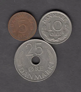 DENMARK COINS 1965 10 ORE 1975 25 ORE & 1980 5 ORE IN NICE CONDITION - Picture 1 of 2