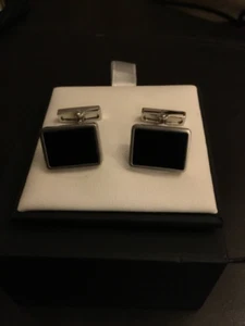 Kenneth Cole Rectangle Stainless and Black Enamel Cufflinks - Picture 1 of 2