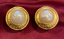 Vintage KARL LAGERFELD Clip Earrings Faux Pearl Round Gold Tone