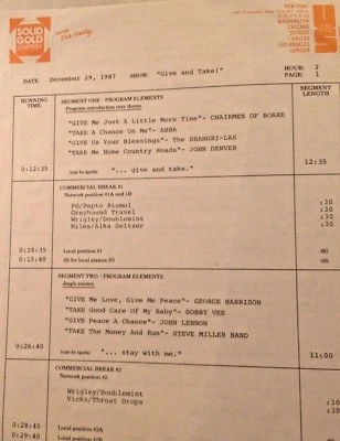 RADIO SHOW:GIVE/TAKE12/29/87 JOHN DENVER,BOBBY VEE,JOHN LENNON,ABBA,STEVE MILLER - Image 1 of 2