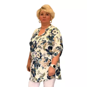 CAMISA MUJER ROCKTHOSECURVES CREMA FLORAL MANGA BOTÓN BLUSA CUELLO ABUELO - Imagen 1 de 5