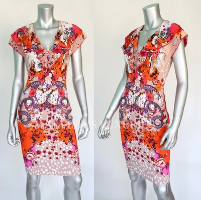 VESTIDO ROBERTO CAVALLI JARDÍN DEL EDEN ESTAMPADO VOLANTES ESCOTE EN V $2,175 IT 38 US 2 Foto 1 de 4