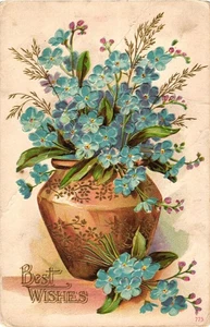 Postal floral vintage en relieve azul Forget-Me-Nots en maceta 1911 - Imagen 1 de 2