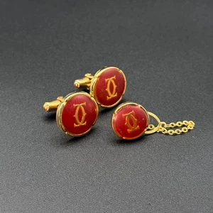 Cartier Manschetten Manschettenknöpfe Krawattennadel Set Rot Gold Gebraucht Guter Zustand Vintage Japan - Bild 1 von 9