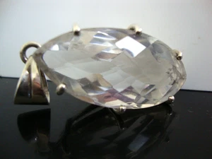 Vtg Gigantic Austrian Rock Crystal Stone 925 Sterling Silver Pendant RARE!!! - Picture 1 of 11