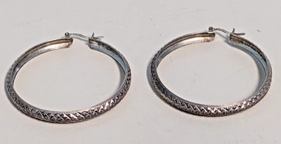 Sterling Silver 2" Hoop Earrings 7.09g Signed 925 Turkey Etched Large - Image 1 of 4