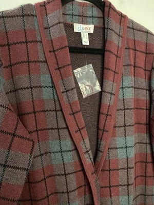 Denim & Co Size L Knit One Button Long Line Cardigan Sweater Plaid Red Gray - Image 1 of 4