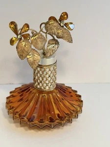 Vintage Germany Fuger? Cut Amber Glass Perfume Bottle Flower Gems Gold Gilt Top - Picture 1 of 10