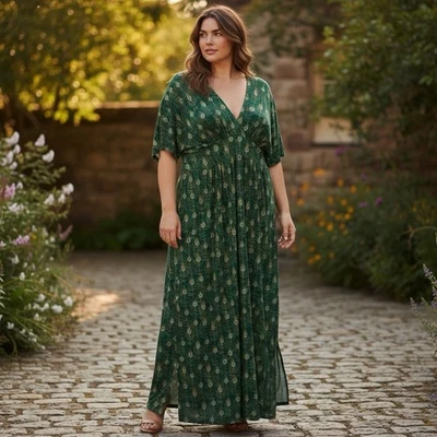 Karina Dahlia Kimono Maxi Dress 3X Peacock Feather Nouveau Print - Image 1 of 4