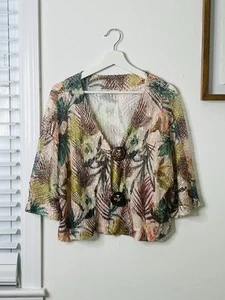 Soft Surroundings Tropical Leaf Pink Open Mesh-Weave Cropped Cardigan Sweater L - Picture 1 of 7