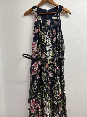 TOMMY HILFIGER DRESS 16 MAXI NEW TAGS $119.  NAVY FLORAL PINK SLEEVELESS BELT - Image 1 of 4