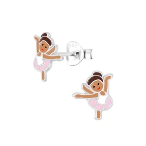 925 Sterling Silver Stud Earrings Pink & Brown Ballerina Dancer Kids Girls Boxed - Picture 1 of 2