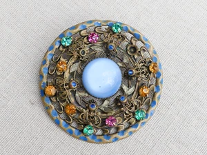 Antique art deco/Victorian round brooch moonglow glass rhinestone enamel pin sas - Picture 1 of 11