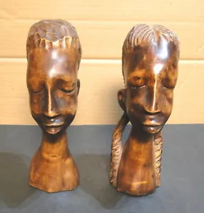 Very Nice 9" Hand Carved Wood Bust of a Man & Woman From Africa, Signed Paul - Picture 1 of 5