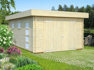 Holzgarage Bausatz 44mm Garage RASMUS 380x570cm mit Holz-Tor 44mm Blockbohle - Bild 1 von 3