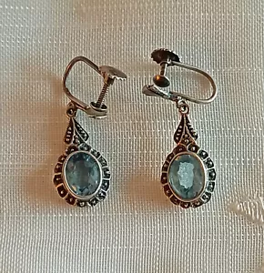 Ohrhänger, Silber 835er, Blauer Stein ( Spinell/Topas/Aquamarin?), Art Deko - Bild 1 von 9
