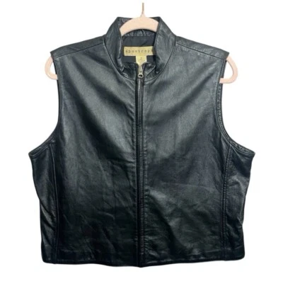 Colete de couro genuíno vintage anos 90 Apostrophe preto motociclista feminino tamanho 16 - Imagem 1 de 4