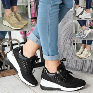 Wedge Shoes Trainers Womens Sneakers Ladies Lace Up Comfy Classic Pumps Sizes - Picture 1 of 40