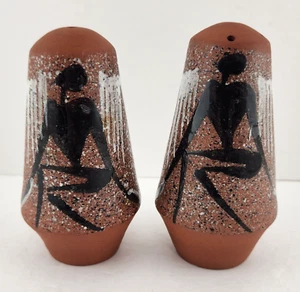 Vtg MCM Salt & Pepper Shakers Primitive Clay Figural Cave Art Painted Unused - Picture 1 of 8