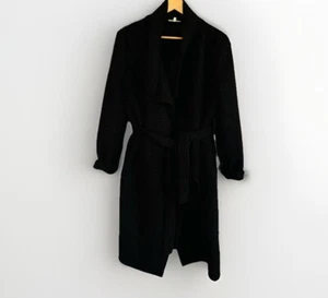Easel Black Wool Blend Wrap Jacket Size L Coat Belted Pockets Textured Mid Lengt - Picture 1 of 7