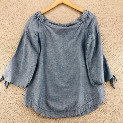 Top Free People para mujer pequeño Show Me Some hombro azul mezcla de lino mangas largas Foto 1 de 4