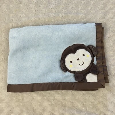 Kidsline Monkey Baby Blanket Brown Edge Blue Security Lovey - Image 1 of 4