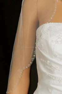 1T Ivory Elbow Scallop Beaded Edge Bridal Wedding Veil - Picture 1 of 4
