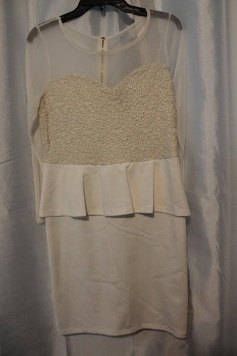 OFF WHITE Abito Thalia Sodi Metallic Illusion Peplum nuovo con etichette bianco sporco nuvola M org $89 50