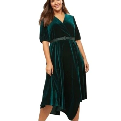 Lane Bryant Green Velvet Midi Faux Wrap Assymetric Dress Size 10/12 - Image 1 of 4
