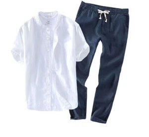 Conjunto Camisa Hombre Lino Manga Corta Cuello Stand-up, Traje Casual Suelto - Imagen 1 de 28