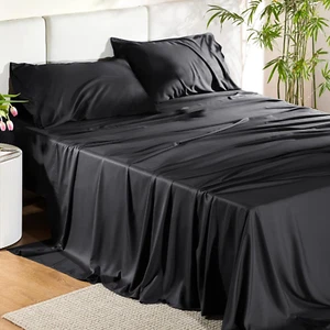 Queen Cooling Sheet Set, Deep Pocket Breathable Soft Hotel Luxury Silky Black - Picture 1 of 13