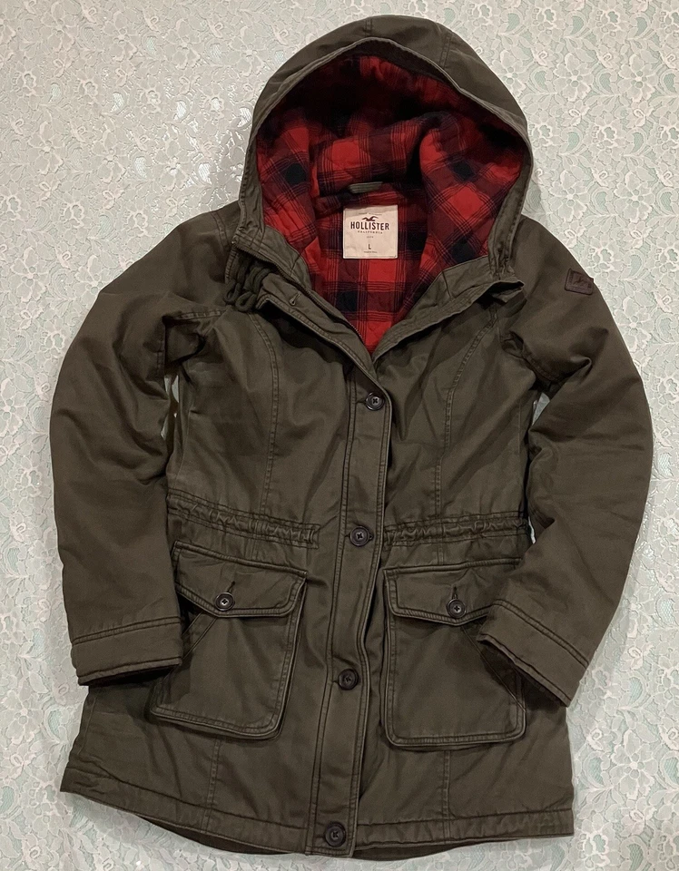 Womens Hollister Sz L Flannel Lined Hooded Coat Parka Button Zip Green Twilight - Image 1 of 4