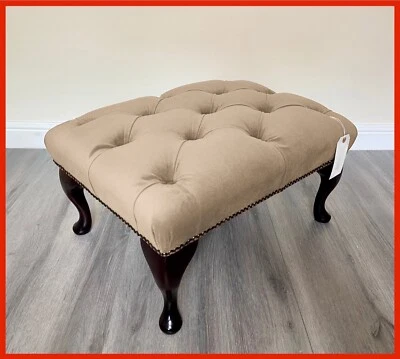Chesterfield Buttoned Queen Anne Beige Velvet Footstool - Image 1 of 4