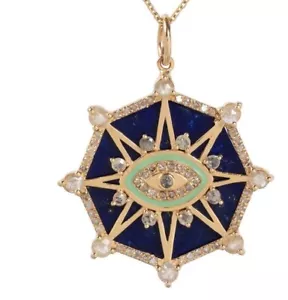 14k Gelbgold Natürlich Lapislazuli Anhänger Teufelsauge Heiligenschein Oktagon - Bild 1 von 6