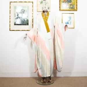 Vintage 1970s Pastel Silk Kimono Robe Gold Brocade Collar Traditional Japanese - Picture 1 of 5