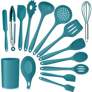 Teal Blue Kitchen Utensils Set, 15Pcs Silicone Cooking Utensils with Holder - Imagen 1 de 7