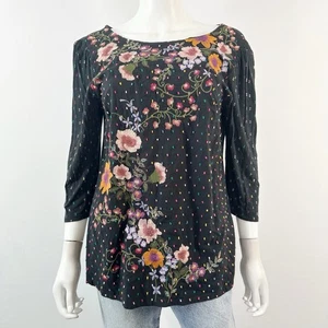 Anthropologie One September Black Floral Embroidered Top Size M Casual Boho - Picture 1 of 8
