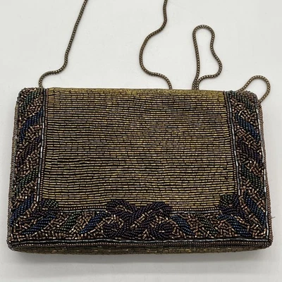 Delill Beaded Bag Purse 34” Chain Strap Vintage Gold Brown Purple Blue Green - Image 1 of 4