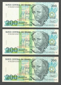 Brazil 200 (1990) Cruzeiros; UNC, P-229; BNB-B851a; Lot of 3 consecutive ser # - Picture 1 of 2