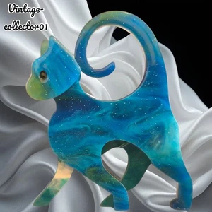 Modern Arcrylic Handmade BROOCH 3D Handsome Seagreen Blue Glitter Cat Kitten BN - Picture 1 of 6