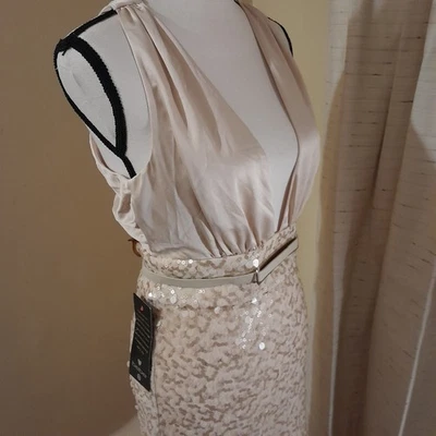 Bebe Belted Sequin Halter Mini Dress Ivory Med NWT - Image 1 of 4