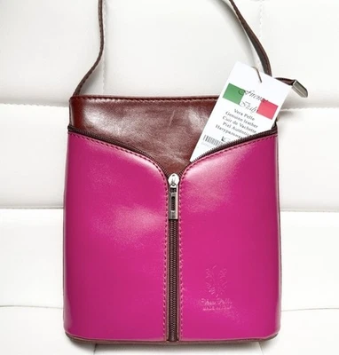 Vera Pelle Crossbody Bag Leather Pink Brown Color Block Adjustable Buckle Strap - Image 1 of 4