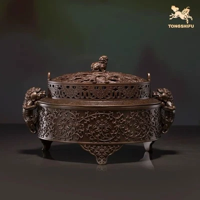 10" China Bronze Copper Carved Dragon Lion Beast Incense Burner Censer - Image 1 of 4
