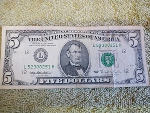 1995 Rare $5 San Francisco L52300251H 12 fw F 228 Federal Reserve Note Lincoln - Bild 1 von 10